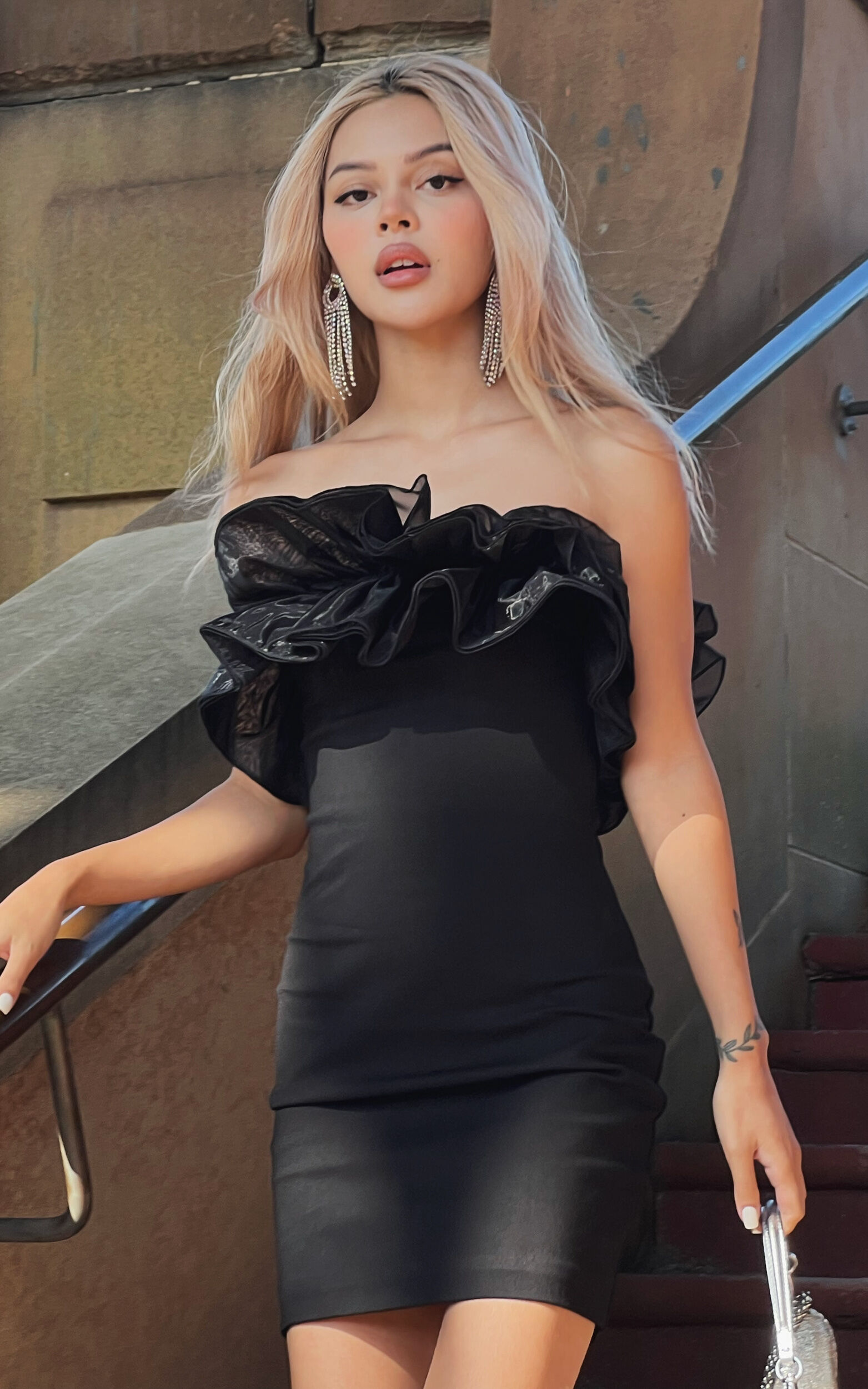 Strapless ruffle on sale mini dress