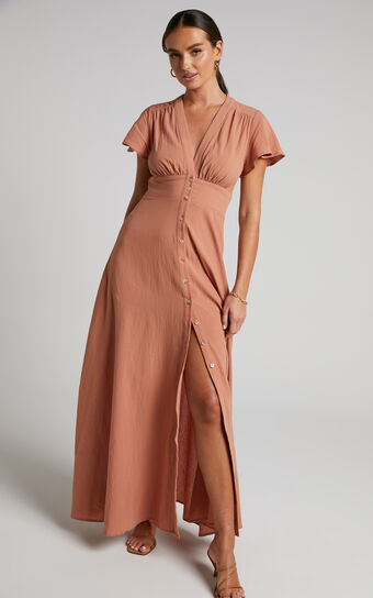 Elijah Midi Dress - Empire Waist Button Down Dress in Rust
