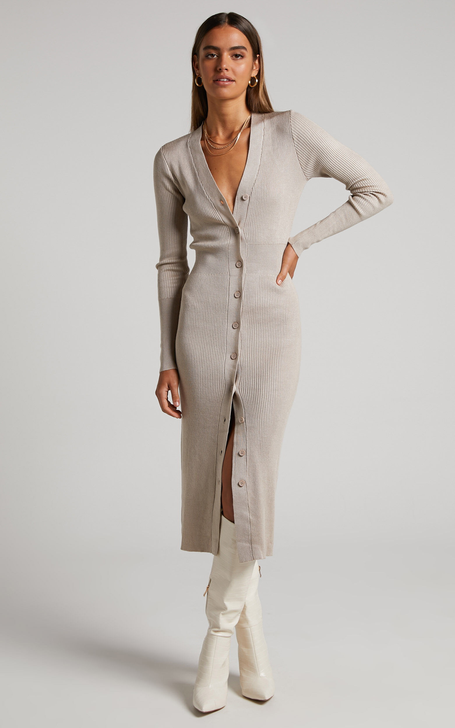 Leahanna Midi Dress Button Front Knit Dress in Taupe