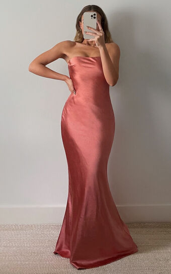 Charlita Maxi Dress - Strapless Cowl Back Satin Dress in Peach