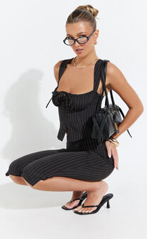 Susannah Pants - Pinstripe Fitted Split Leg Capri Pants in Black Stripe