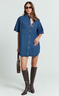 Richelle Mini Dress - Short Sleeve Denim Shirt Dress in Mid Blue