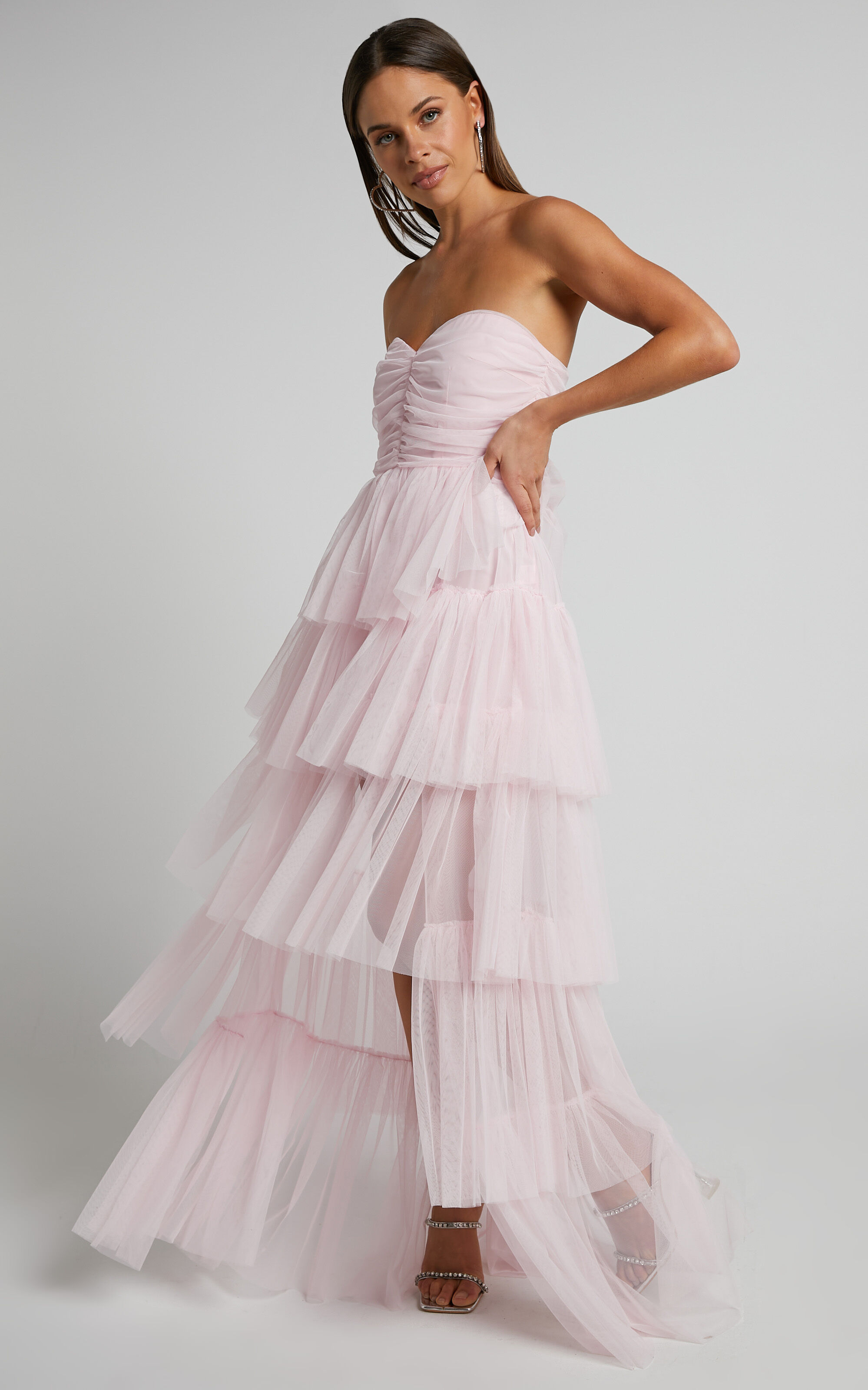 Demika Maxi Dress - Strapless Ruched Bodice Layerd Tulle Dress in Light Pink  | Showpo USA