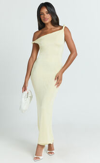 Isabel Midi Dress - Twist Off Shoulder Bodycon Dress in Lemon