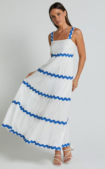 Brenda Midi Dress - Sleeveless Straight Neck Wave Detail A Line Dress in White 
