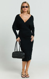 Sheika Midi Dress - Long Sleeve Off Shoulder Knit Dress in Black