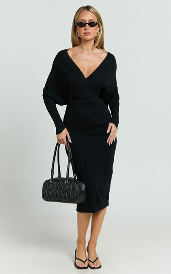 Sheika Midi Dress - Long Sleeve Off Shoulder Knit Dress in Black
