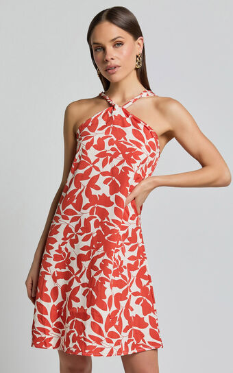 Vicki Mini Dress - Halter Neck A Line Dress in Red Leaf Print