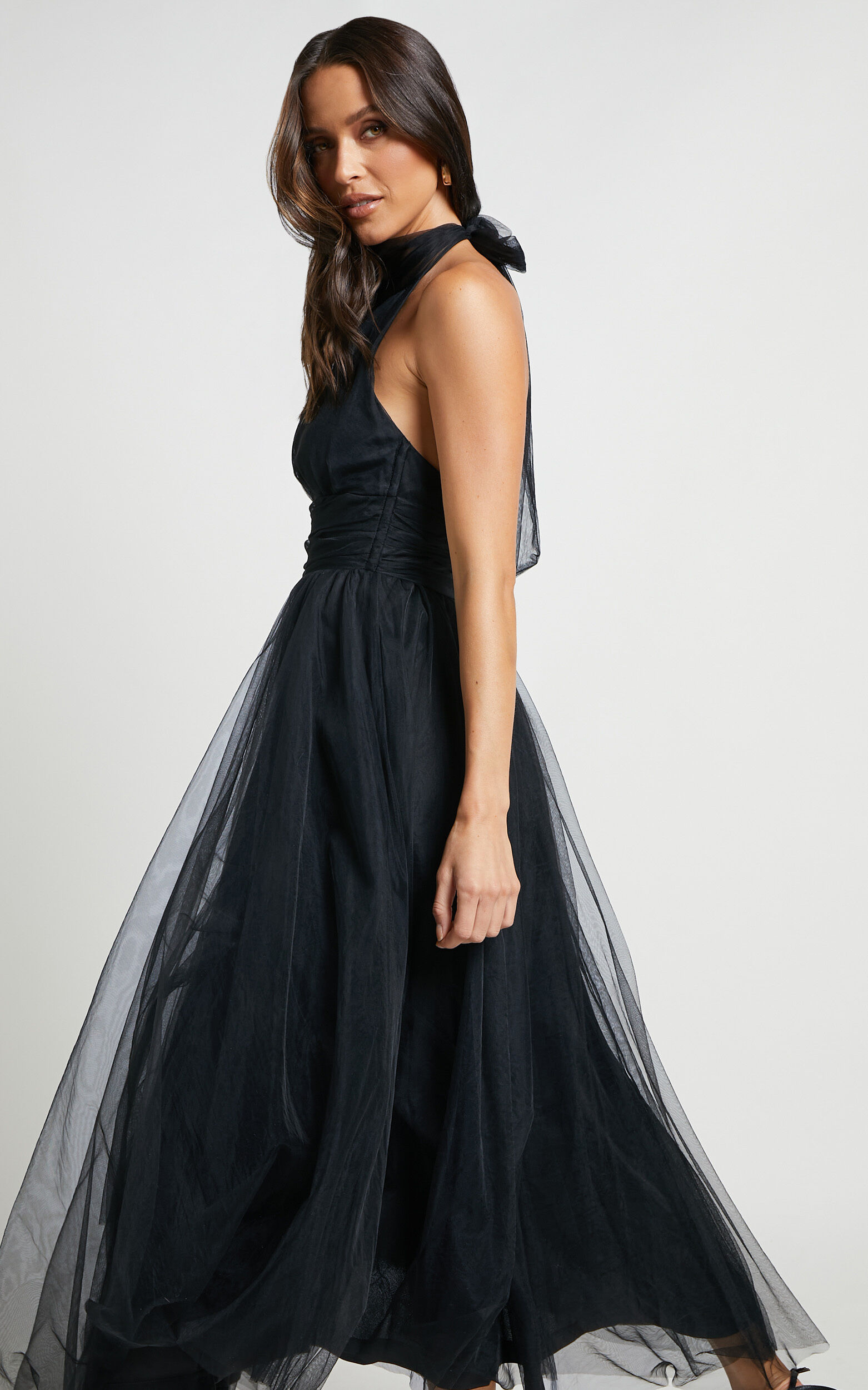 Eleonor Midi Dress Halter Neck Bust Gathering Tulle Dress in