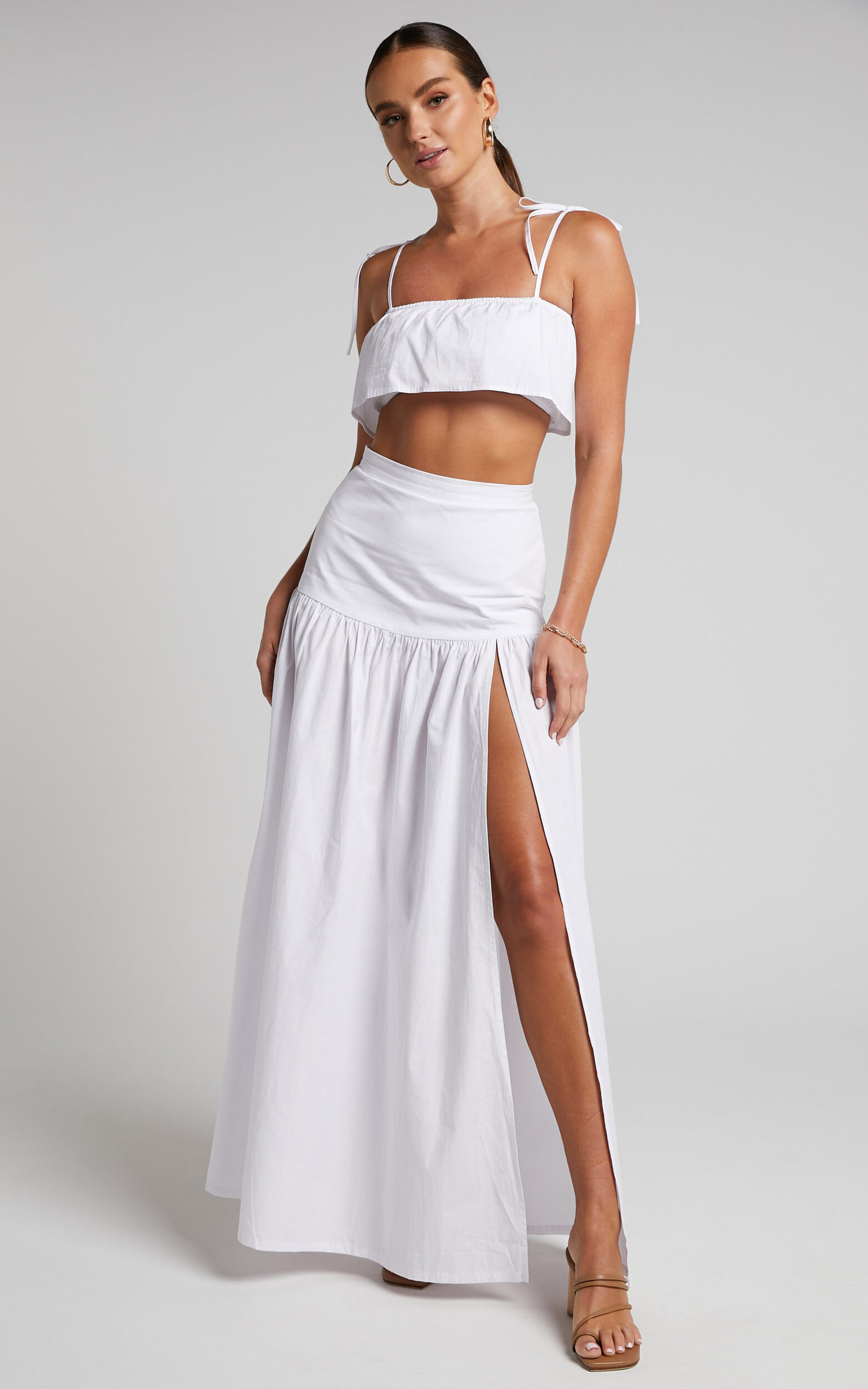 Ivanna Two Piece Set - Tie Shoulder Crop Top and Drop Waist Maxi Skirt in White - 04, WHT1