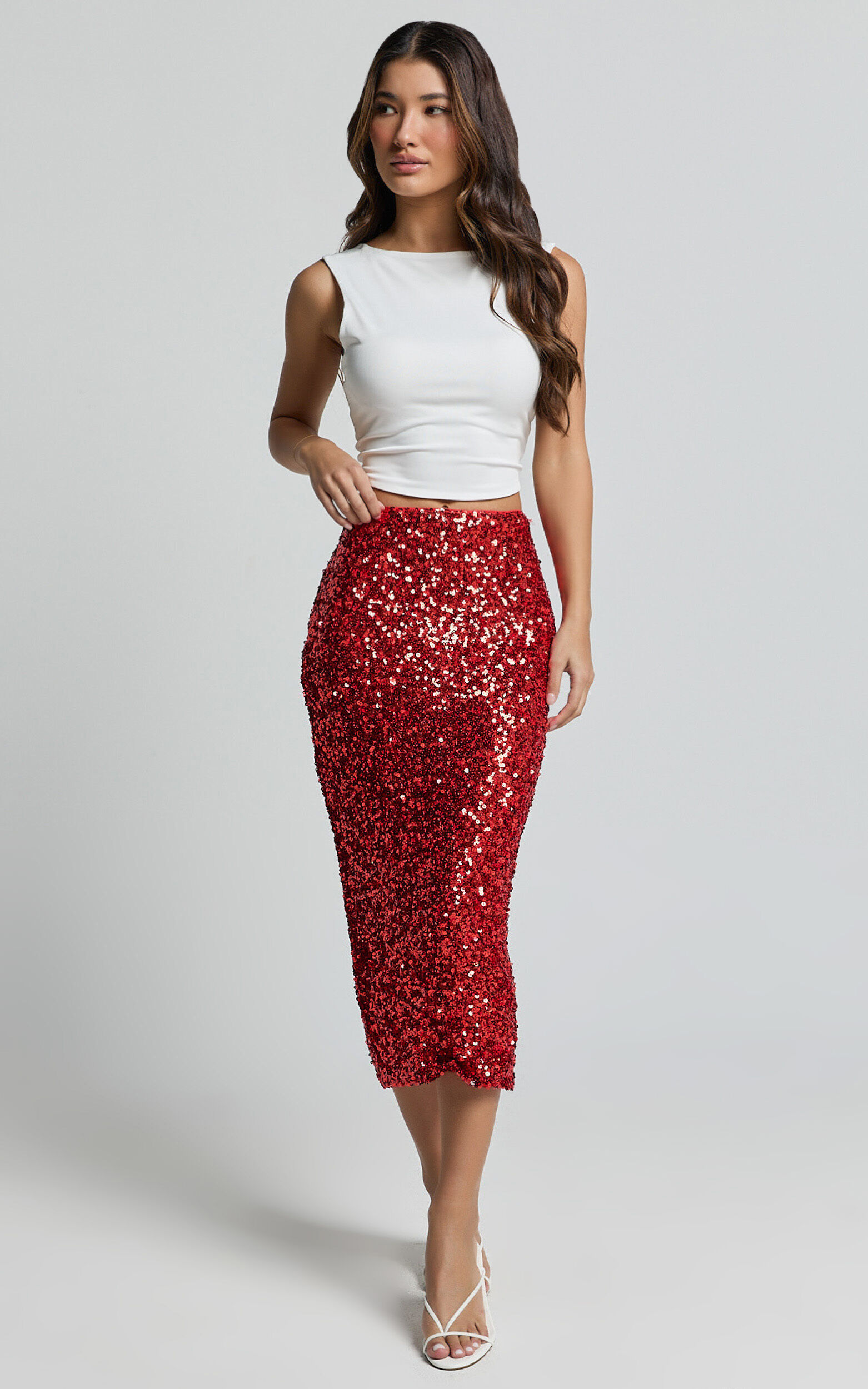 Hasley Midi Skirt Sequin Bodycon Skirt in Red