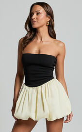 Harley Mini Dress - Strapless Drop Waist Bubble Hem Contrast Dress in White/Black | Showpo USA