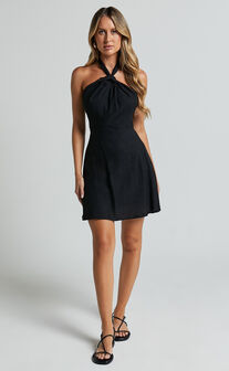 Claudina Mini Dress - Linen Look Puff Sleeve Ruched Bodice Dress in Black