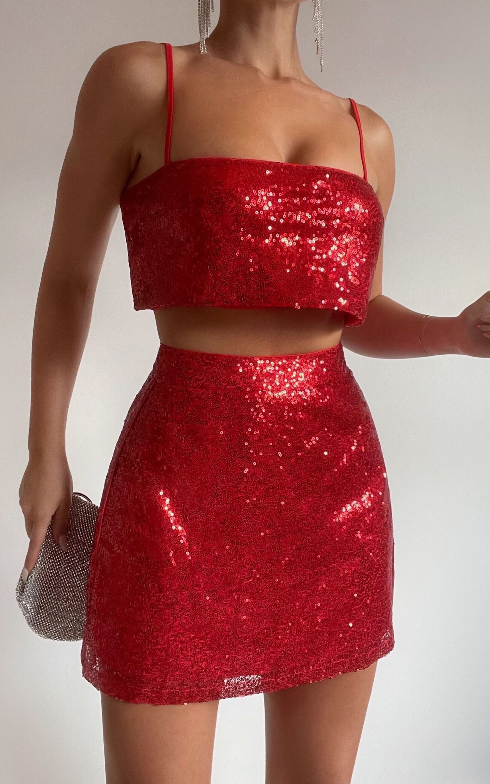 Elswyth Mini Skirt - Side Split Sequin Skirt in Red - 06, RED1