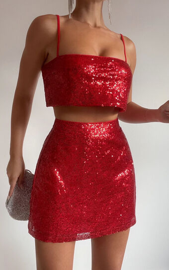 Elswyth Mini Skirt - Side Split Sequin Skirt in Red