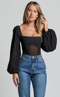 Lincy Bodysuit - Puff Long Sleeve Mesh Waist Detail Bodysuit in Black