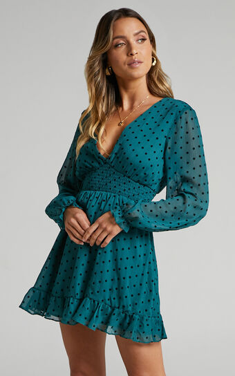Pretty As You Long Sleeve Mini Dress in Emerald Spot