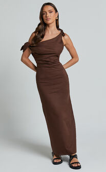 Cincinnati Midi Dress - Off The Shoulder Side Split Column Linen Look Dress in Chocolate