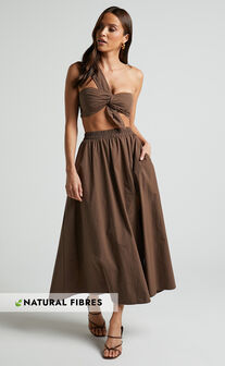 Sula Two Piece Set - One Shoulder Bralette Crop Top and Midi Skirt Set in Chocolate