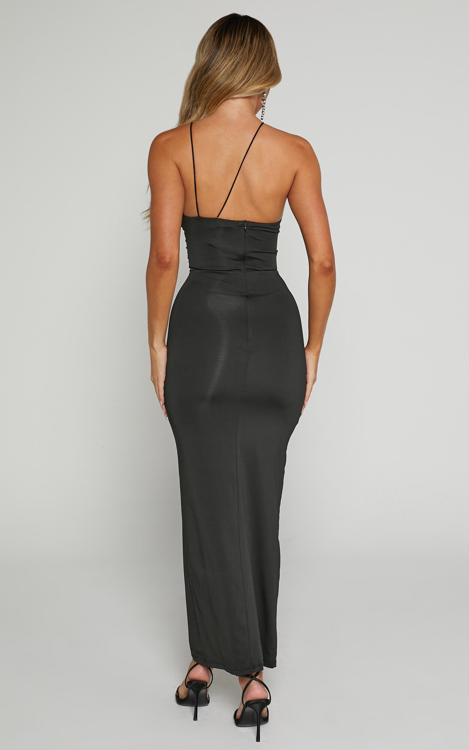 Teagan Midi Dress Bodycon Ruched Asymmetric Strap Rosette Dress