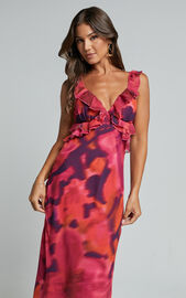 Alessa Midi Dress - V Neck Frill Detail Empire Waist Back Cut Out Dress in Adeana Print | Showpo USA