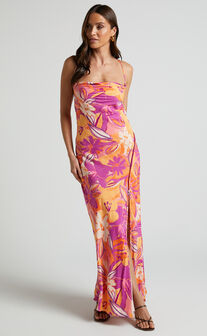 Zydelle Midi Dress - Cowl Neck Thigh Split Dress in Purple Floral