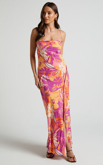 Zydelle Midi Dress - Cowl Neck Thigh Split Dress in Purple Floral