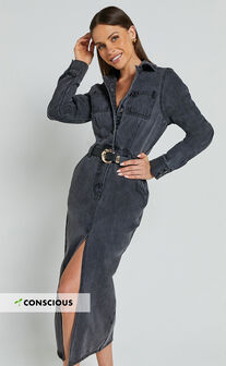 Alison Midi Dress - Long Sleeve Front Split Denim Dress in Washed Black