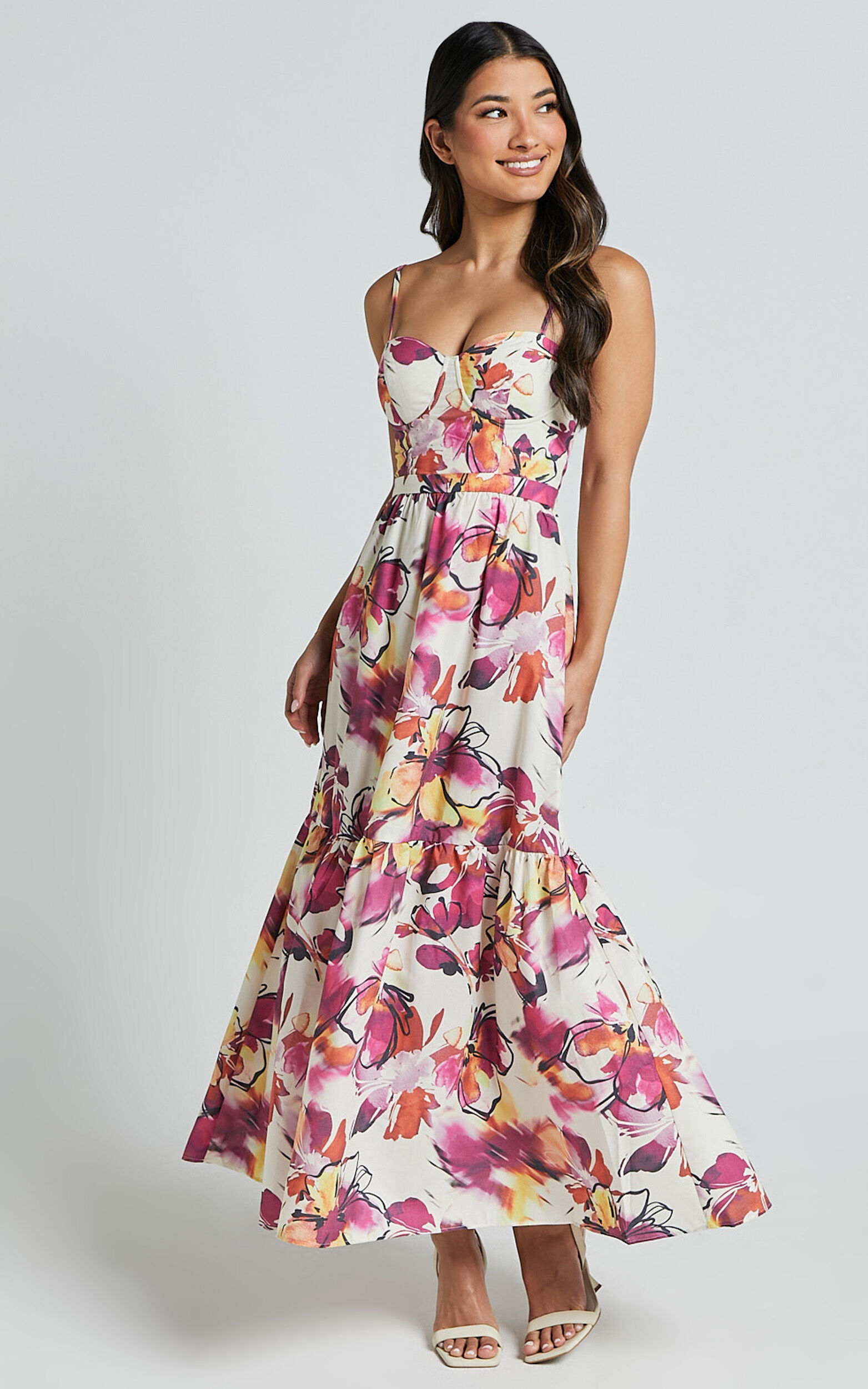 Adara Midi Dress - Strappy Bustier Dress in Dahlia Dusk Floral - 06, PNK1