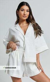 Renzo Shirt - Linen Look Collared Wide Sleeve Relaxed Shirt in White