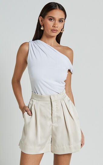 Percy Shorts - High Waist Pleated Satin Shorts in Oyster