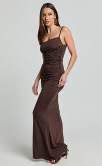 Imogen Maxi Dress - Strappy Ruched Slip Dress in Chocolate