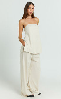 Kiesha Two Piece Set - Strapless Longline Top and Pants Set in Oatmeal