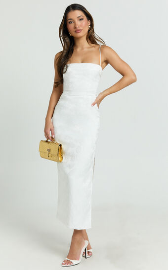 Indiana Midi Dress - Jacquard Square Neck Lace Back Fitted Dress in White