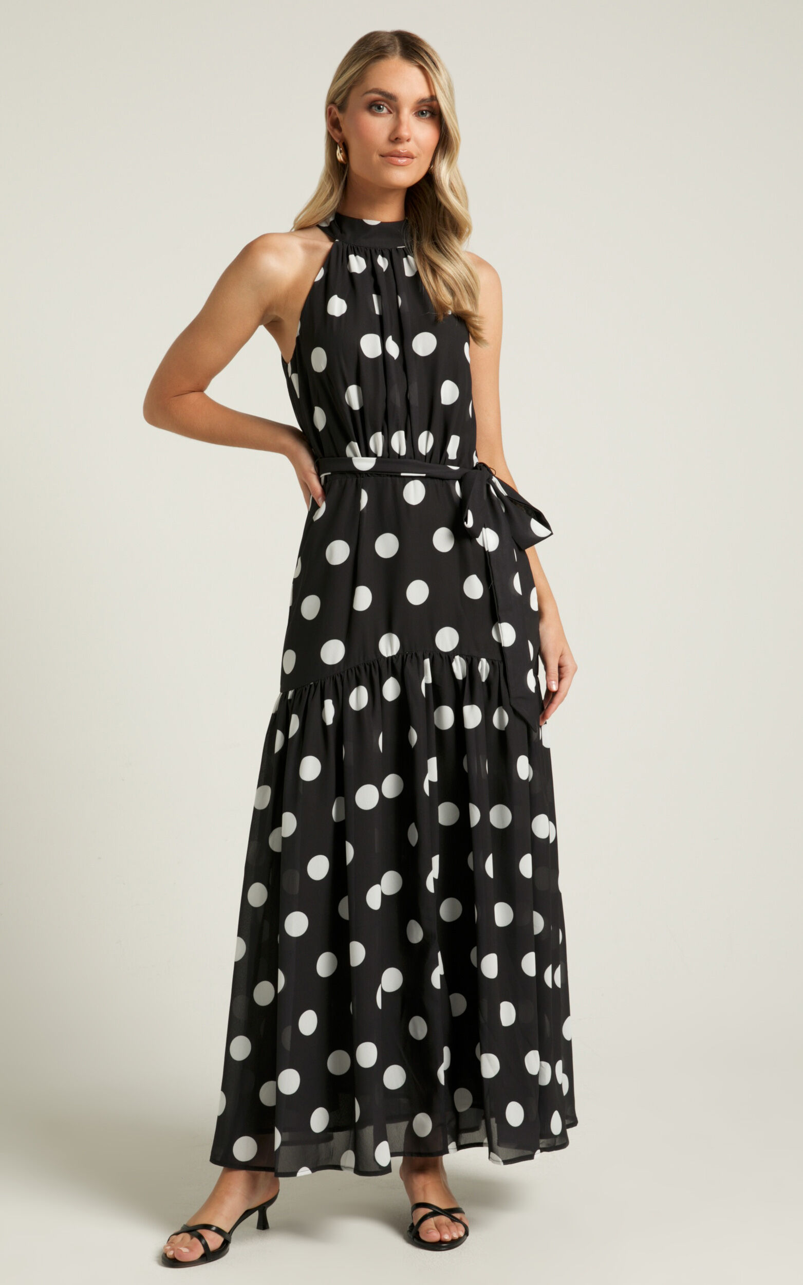 Chayenne Maxi Dress - Halter Neck Tie Waist in Vienna Spot - 06, BLK1