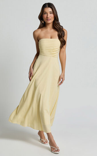 Barbra Midi Dress - Strapless Ruched Bodice Dress in Lemon