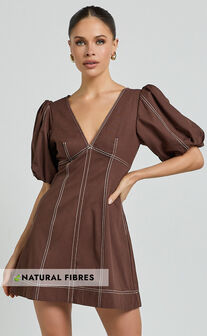 Tallie Mini Dress - Linen Look Puff Sleeve A Line Dress in Chocolate