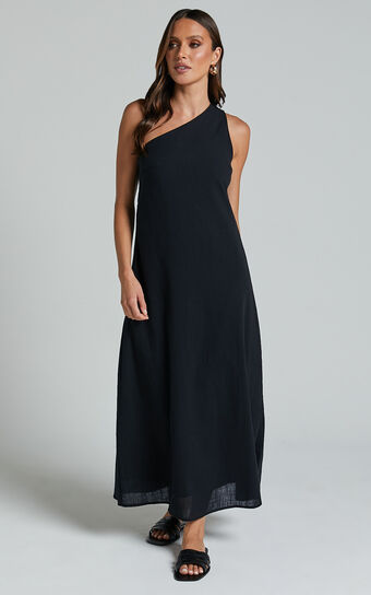 Shammae Midi Linen Blend Dress - One Shoulder Sleeveless Dress in Black