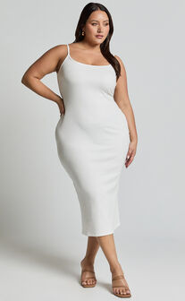 Reyneth Midi Dress - Low Back Bodycon Rib Dress in Off White