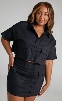 Navine Two Piece Set - Button Front Crop Top and Cargo Pocket Mini Skirt Set in Black