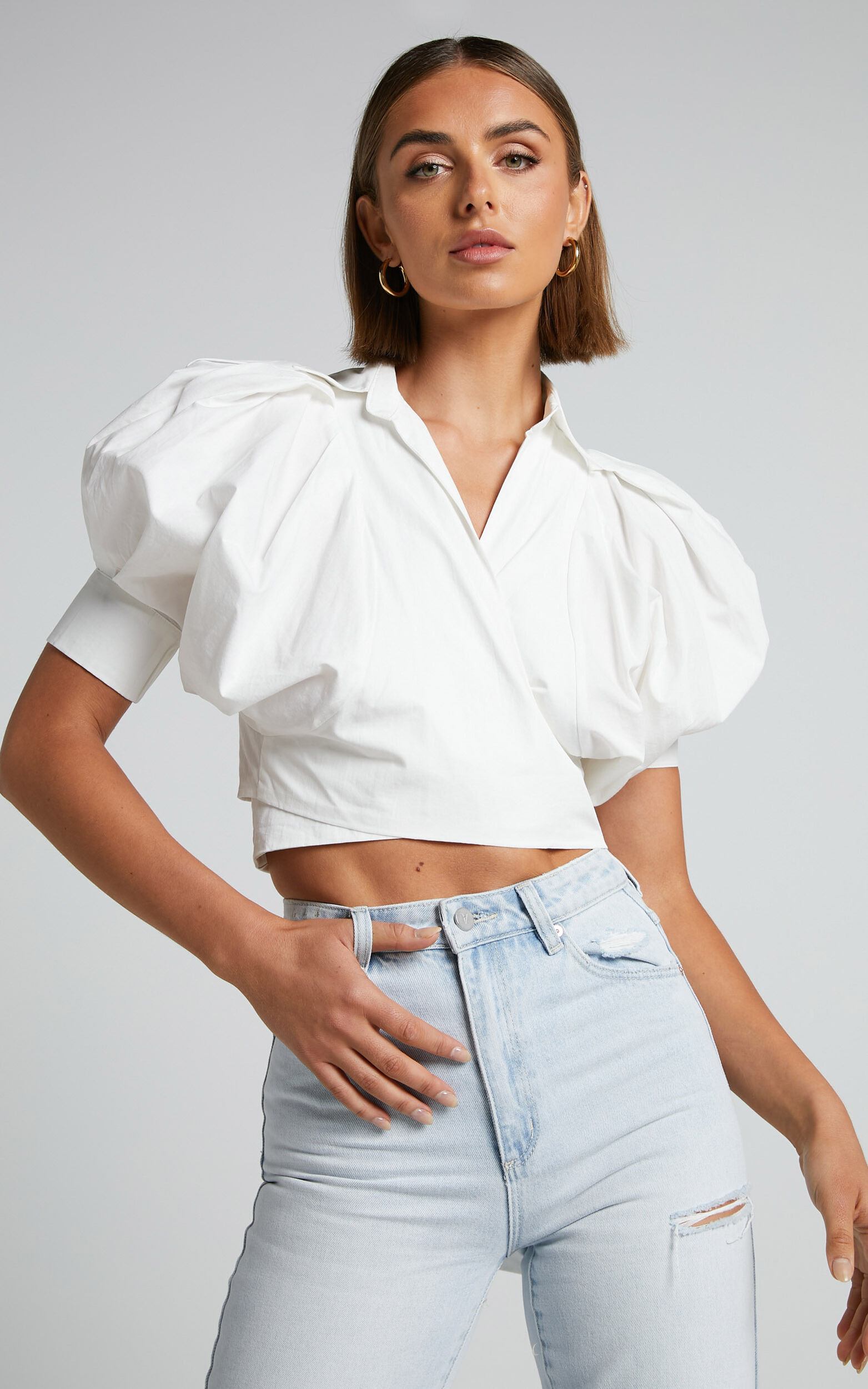 Merabelle Shirt - Puff Sleeve Cropped Wrap Shirt in White - 04, WHT1
