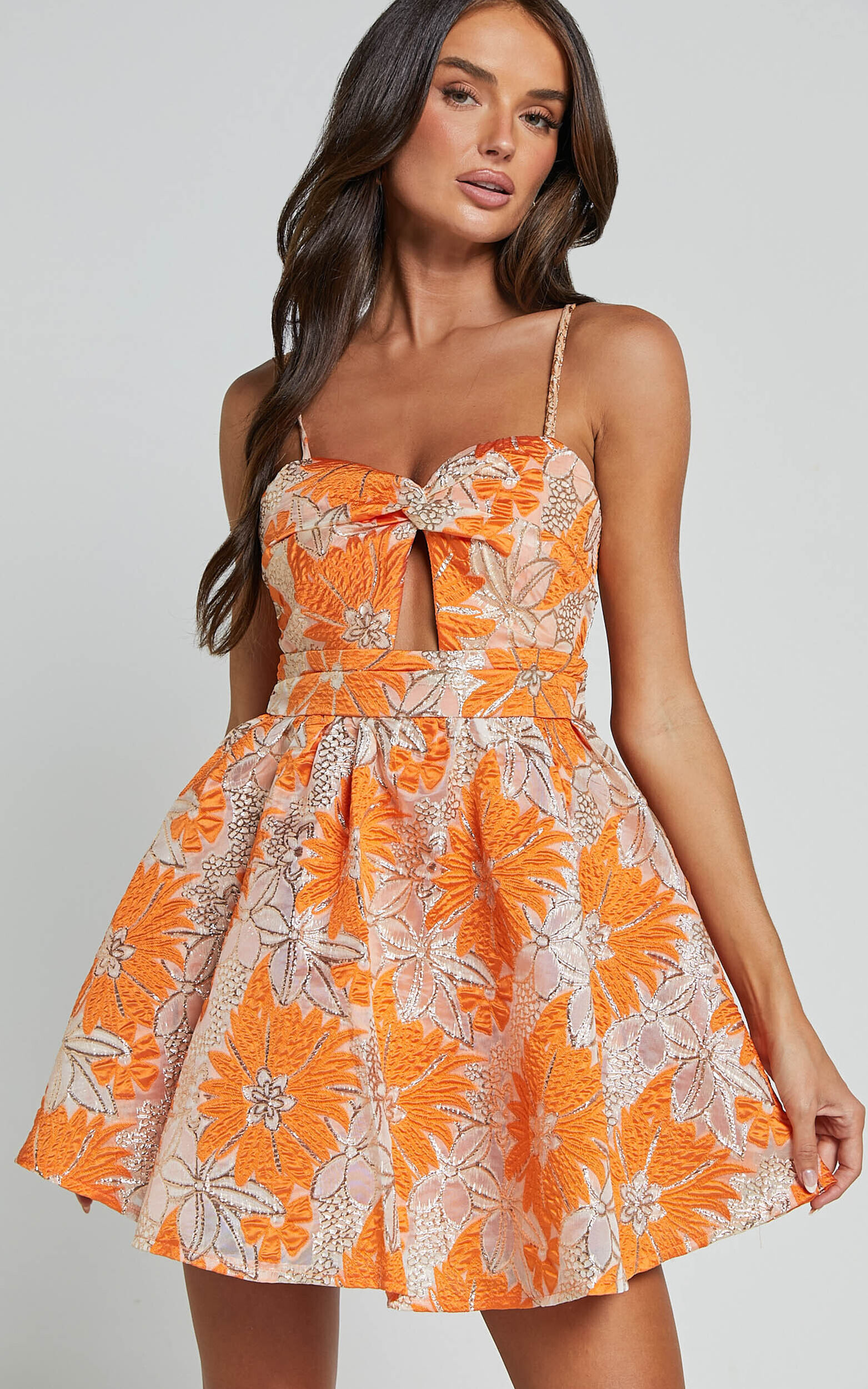 Alena Mini Dress - Sweetheart Sleeveless Cut Out Front Dress in Orange - 06, ORG1
