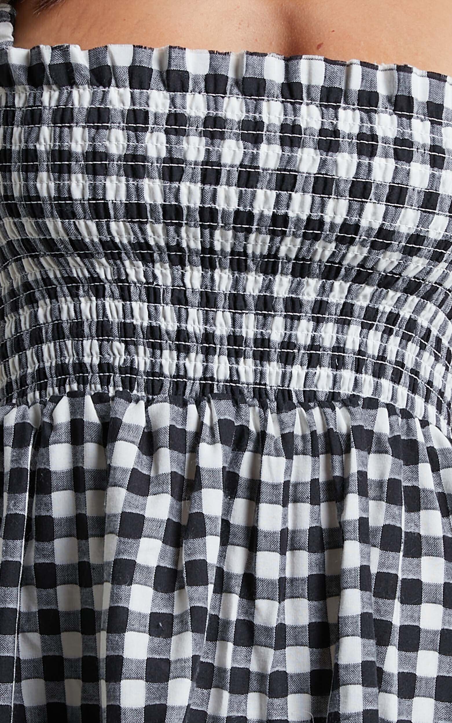 Wilda Mini Dress Shirred Tiered Dress in Black and White Check