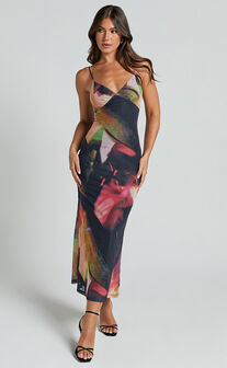 Rashida Midi Dress - V Neck Mesh Printed Dress in Floral Blur