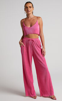 Elowen Two Piece Set - Plisse Crop Top and Relaxed Wide Leg Pants Set in Pink
