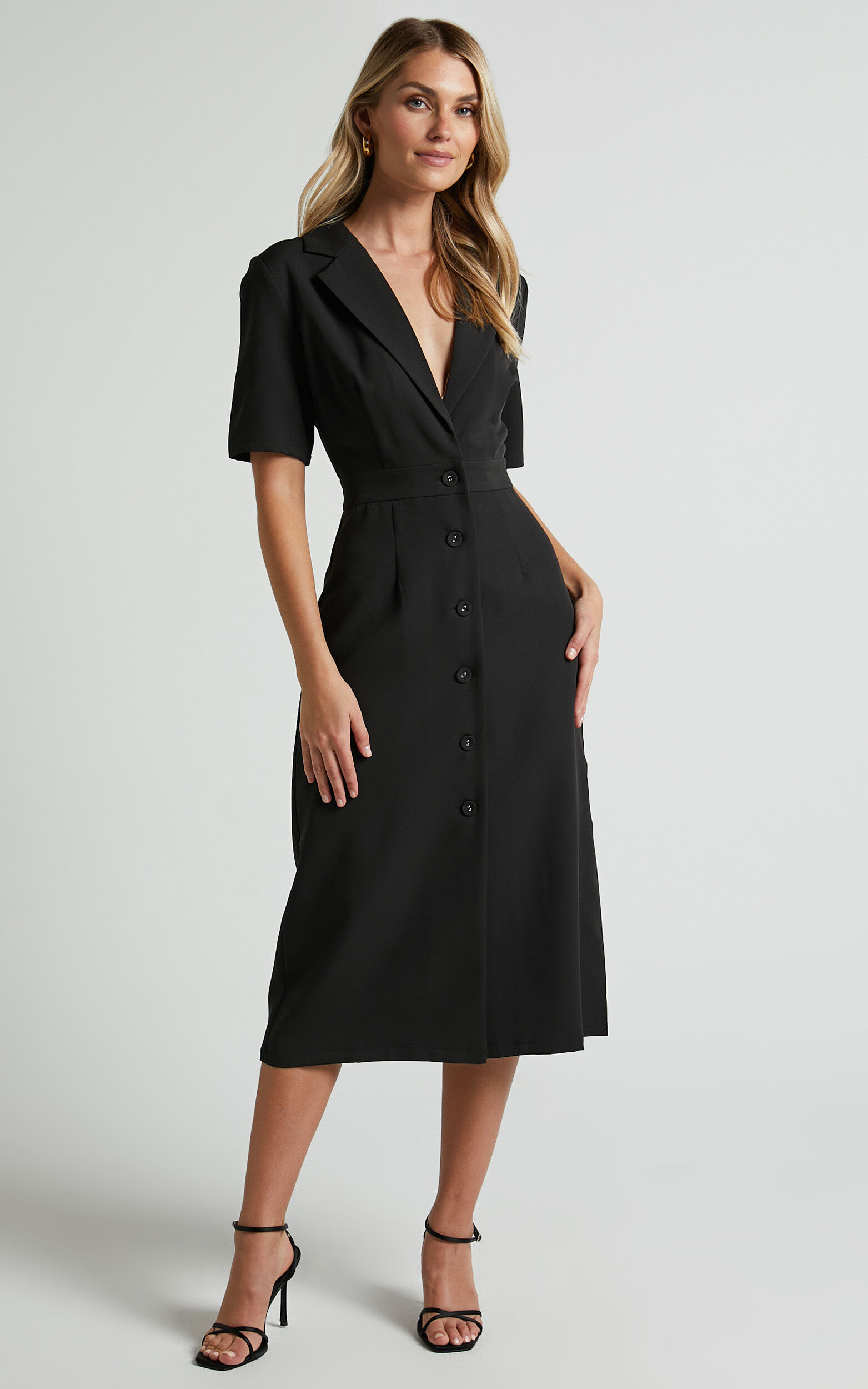 Ludovica Midi Dress Collared Short Sleeve Midi Dress in Black