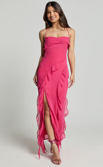 Connie Midi Dress- Ruffle Detail Dress in Hot Pink