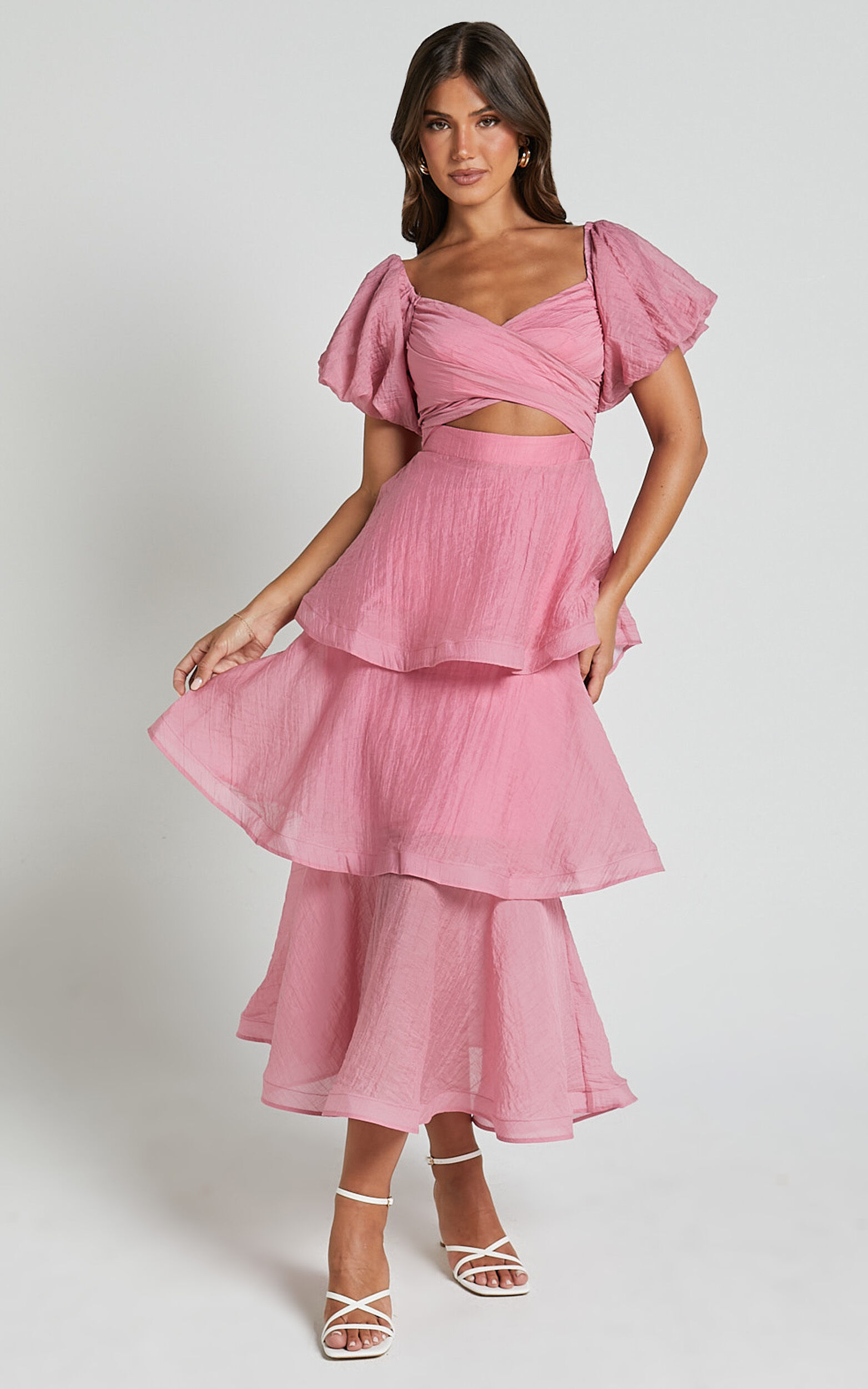 Giselle Midi Dress Short Puff Sleeve Front Cut Out Layered Dress in Pink Showpo EU