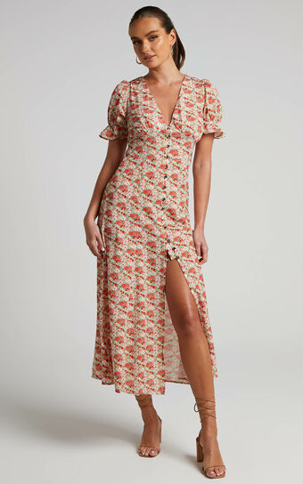 Adalina Midi Dress - Short Puff Sleeve Button Down Dress in Pink Floral