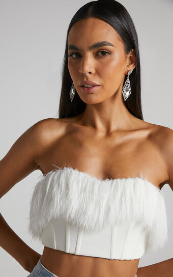 Rhaiza Top - Faux Feather Trim Strapless Sweetheart Crop Top in White